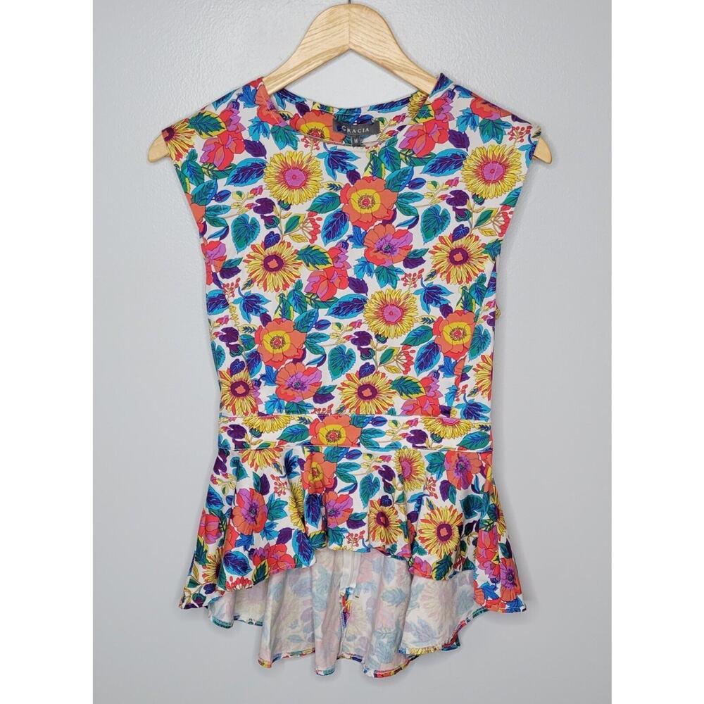 Gracia Sleeveless Peplum Floral Top‎ Ruffled Blouse Open Back Multicolor MED